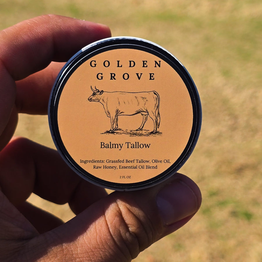 Hand holding a container of Golden Grove Balmy Tallow with a grassy background