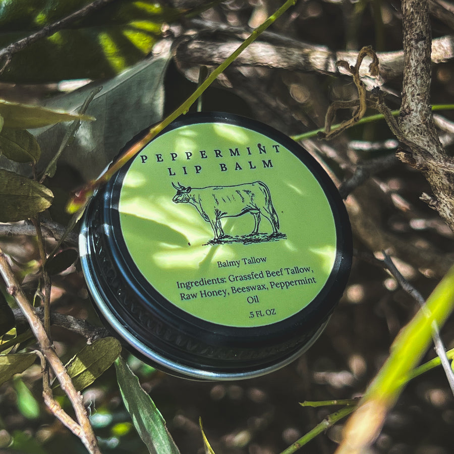 Peppermint lip balm container with green label on a natural background