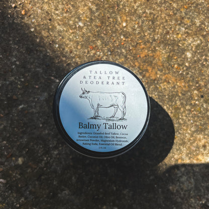 Container of Balmy Tallow's Tallow and Tea Tree Deodorant on a textured surface