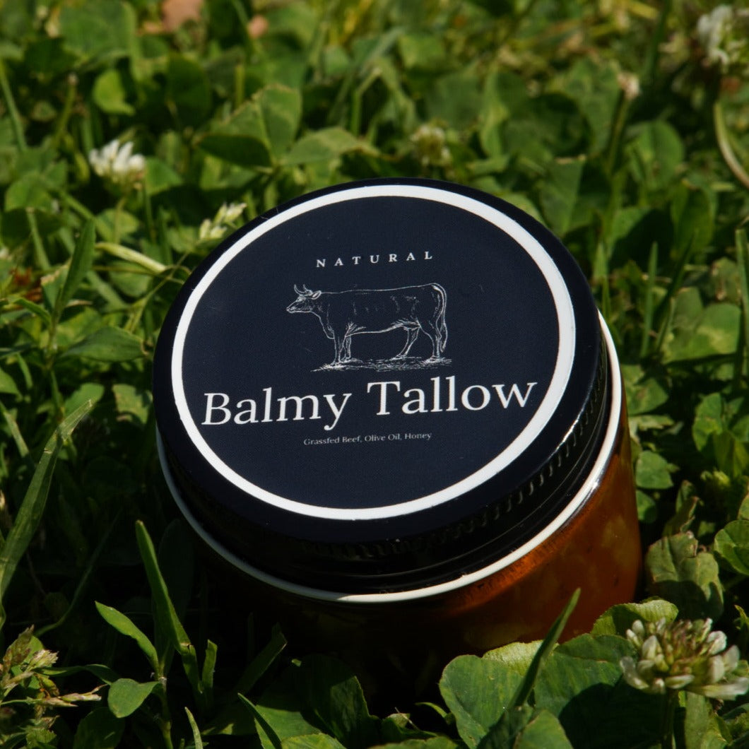 A jar of Natural Tallow Moisturizer by Balmy Tallow placed on a grassy surface.