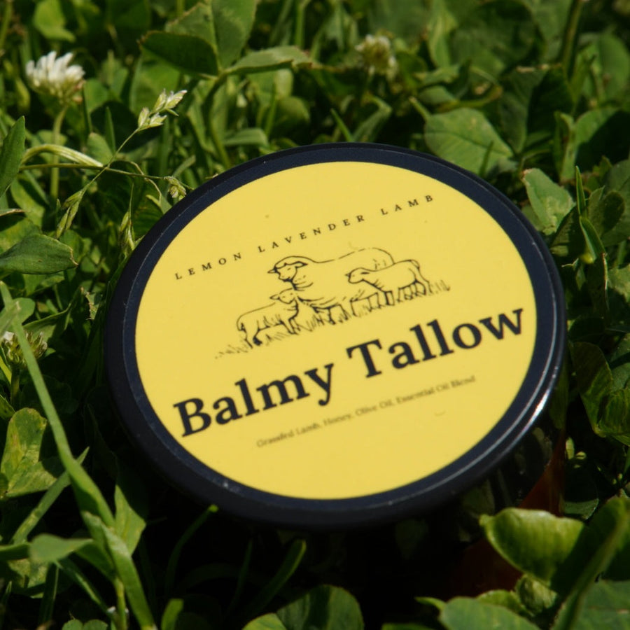 A 2 oz recyclable container of Travel Safe Lemon Lavender Lamb Tallow balm, set against a natural background.